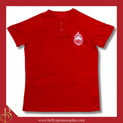 Delta Sigma Theta ΔΣΘ Two-Button Baseball Henley Shirt with Embroidered Shield-Red-Small-Delta Sigma Theta Paraphernalia-Delta Sigma Theta Jerseys-Betty's Promos Plus