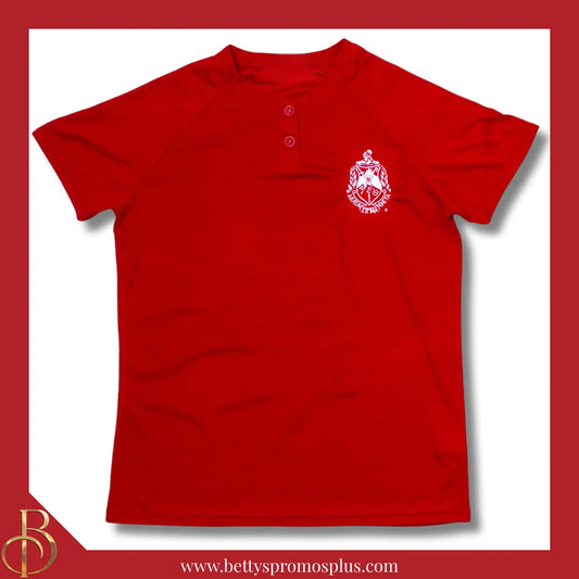 Delta Sigma Theta ΔΣΘ Two-Button Baseball Henley Shirt with Embroidered Shield-Red-Small-Delta Sigma Theta Paraphernalia-Delta Sigma Theta Jerseys-Betty's Promos Plus