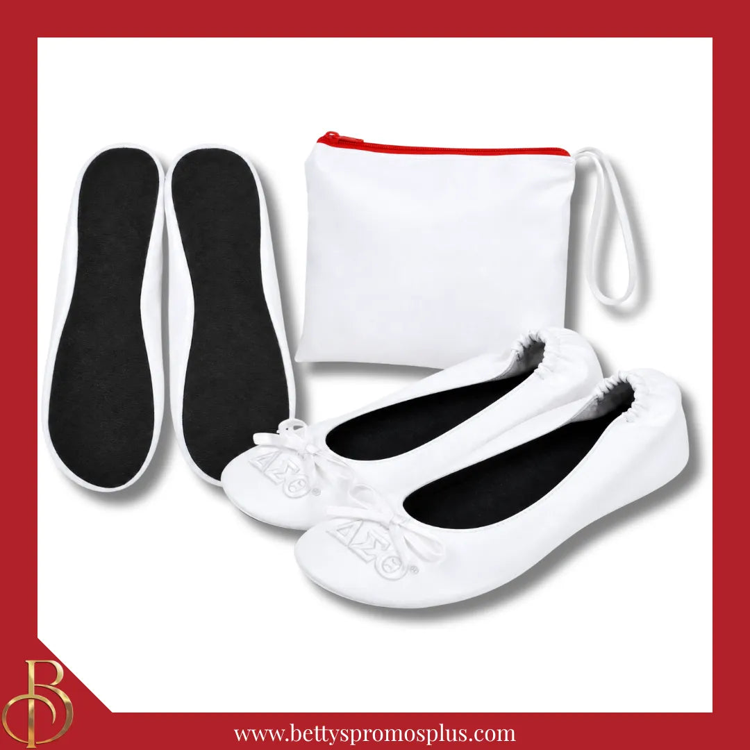 Delta Sigma Theta ΔΣΘ Uninterrupted White Embroidered Ballet Flats with Carrying Case-Delta Sigma Theta Paraphernalia-Delta Sigma Theta Ballet Flats-Betty's Promos Plus