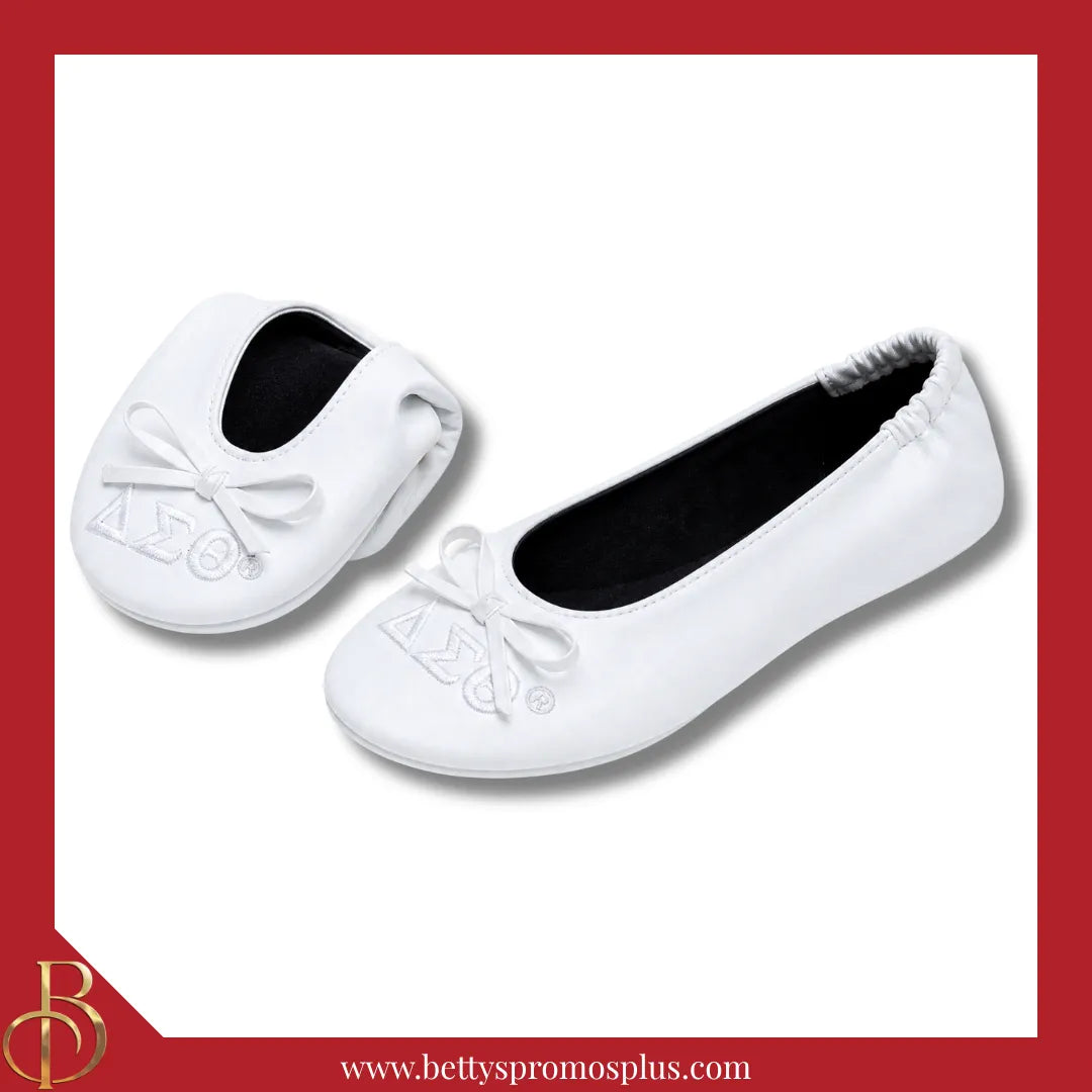 Delta Sigma Theta ΔΣΘ Uninterrupted White Embroidered Ballet Flats with Carrying Case-Delta Sigma Theta Paraphernalia-Delta Sigma Theta Ballet Flats-Betty's Promos Plus