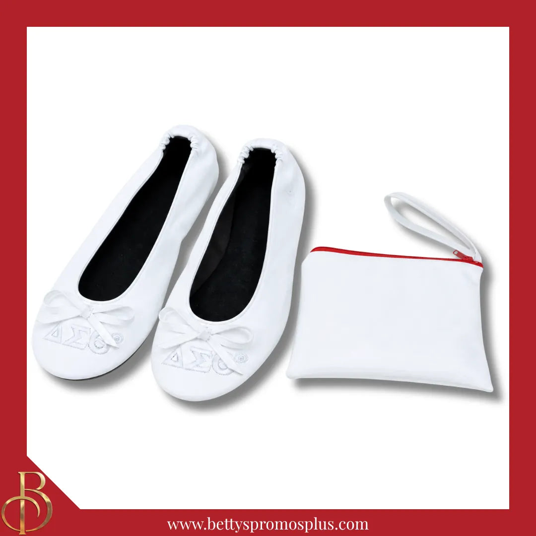 Delta Sigma Theta ΔΣΘ Uninterrupted White Embroidered Ballet Flats with Carrying Case-Delta Sigma Theta Paraphernalia-Delta Sigma Theta Ballet Flats-Betty's Promos Plus