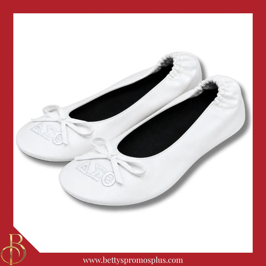 Delta Sigma Theta ΔΣΘ Uninterrupted White Embroidered Ballet Flats with Carrying Case-Delta Sigma Theta Paraphernalia-Delta Sigma Theta Ballet Flats-Betty's Promos Plus