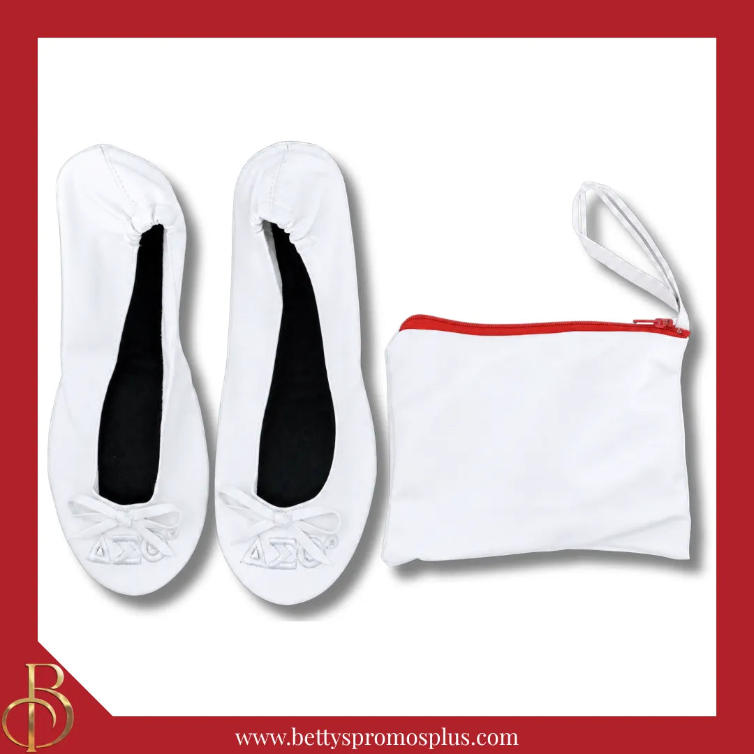 Delta Sigma Theta ΔΣΘ Uninterrupted White Embroidered Ballet Flats with Carrying Case-Delta Sigma Theta Paraphernalia-Delta Sigma Theta Ballet Flats-Betty's Promos Plus