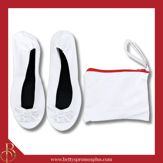 Delta Sigma Theta ΔΣΘ Uninterrupted White Embroidered Ballet Flats with Carrying Case-Delta Sigma Theta Paraphernalia-Delta Sigma Theta Ballet Flats-Betty's Promos Plus