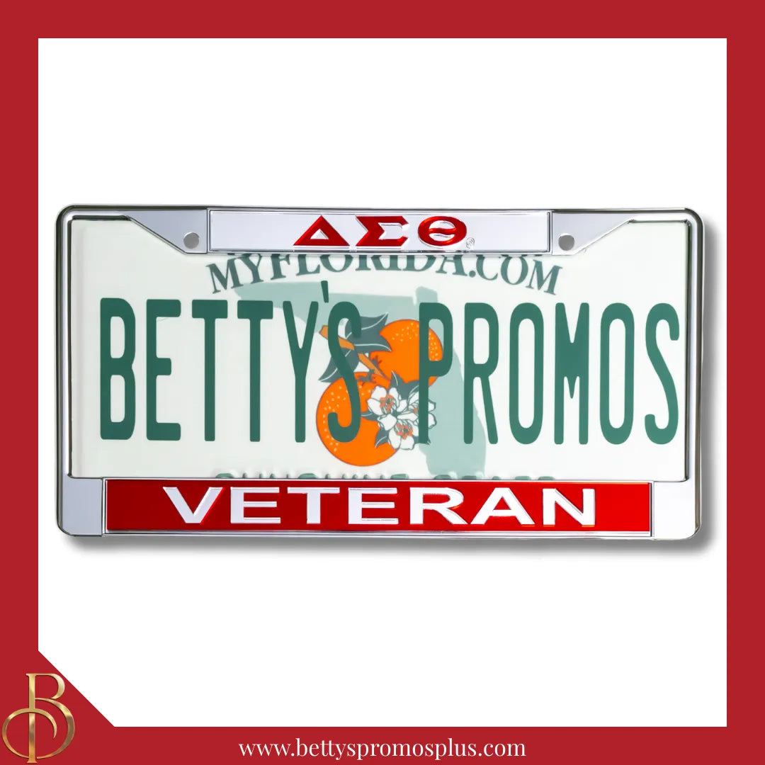 Delta Sigma Theta ΔΣΘ Veteran Chrome Laser Engraved Mirrored Acrylic Auto Tag License Plate Frame-Silver Top-Red Bottom-Delta Sigma Theta Paraphernalia-Delta Sigma Theta Auto Tag Frame-Betty's Promos Plus