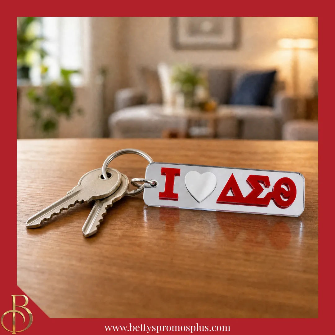 Delta Sigma Theta I Love ΔΣΘ Rectangular Acrylic Mirrored Keychain-Delta Sigma Theta Paraphernalia-Delta Sigma Theta Keychain-Betty's Promos Plus