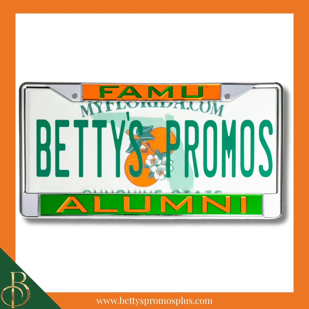 Florida A&M University FAMU Alumni Chrome Laser Engraved Mirrored Acrylic Auto Tag License Plate Frame-FAMU Paraphernalia-FAMU Auto Tag Frame-Betty's Promos Plus