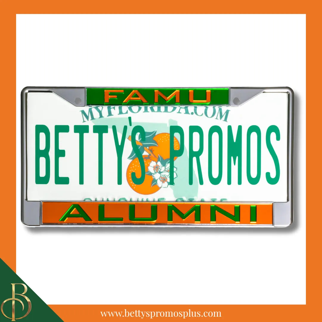 Florida A&M University FAMU Alumni Chrome Laser Engraved Mirrored Acrylic Auto Tag License Plate Frame-FAMU Paraphernalia-FAMU Auto Tag Frame-Betty's Promos Plus