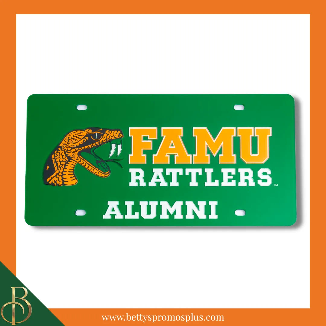 Florida A&M University FAMU Rattlers Alumni Laser Engraved Mirrored Acrylic Auto Tag License Plate-FAMU Paraphernalia-FAMU Auto Tag-Betty's Promos Plus