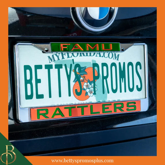 Florida A&M University FAMU Rattlers Chrome Laser Engraved Mirrored Acrylic Auto Tag License Plate Frame-FAMU Paraphernalia-FAMU Auto Tag Frame-Betty's Promos Plus