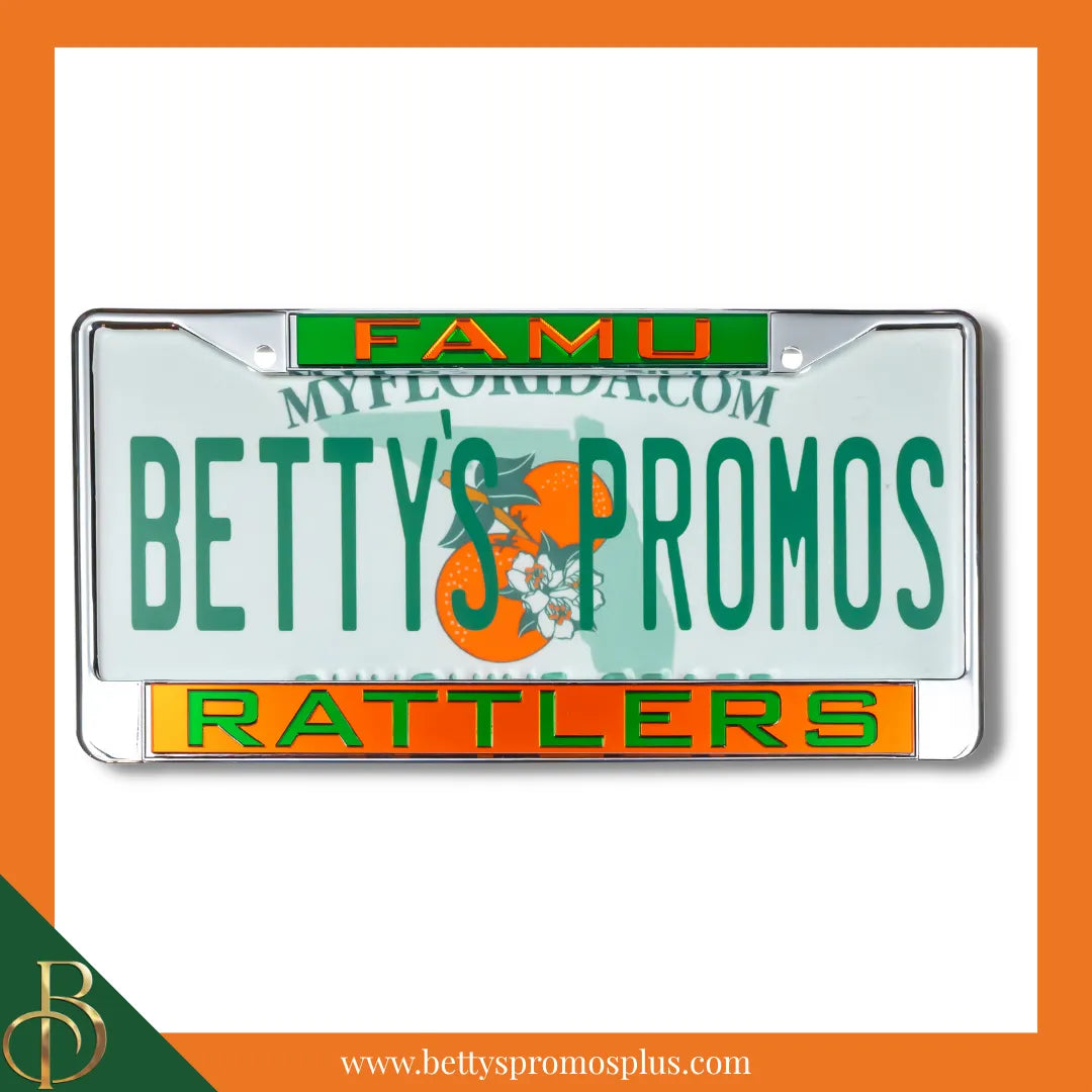 Florida A&M University FAMU Rattlers Chrome Laser Engraved Mirrored Acrylic Auto Tag License Plate Frame-FAMU Paraphernalia-FAMU Auto Tag Frame-Betty's Promos Plus