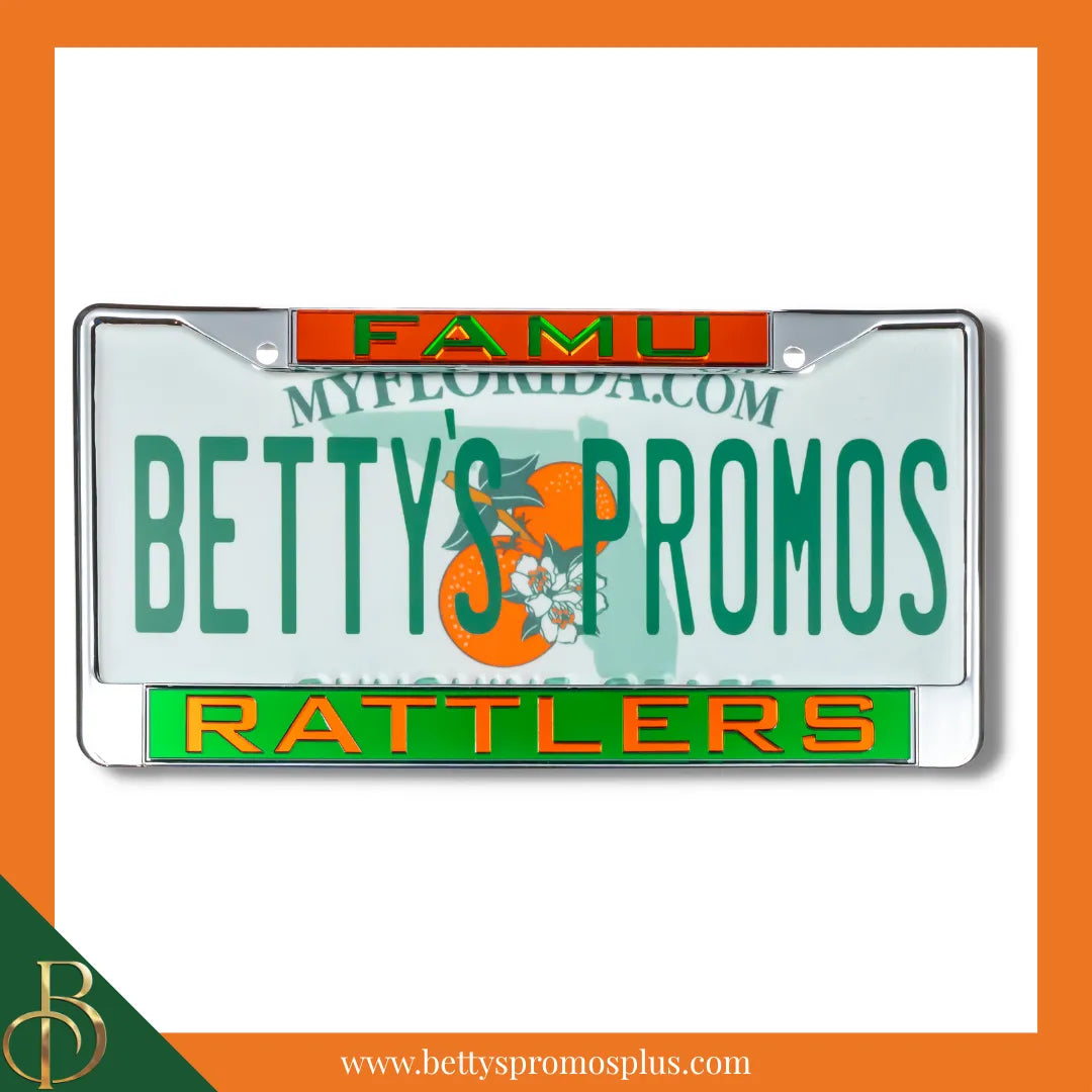 Florida A&M University FAMU Rattlers Chrome Laser Engraved Mirrored Acrylic Auto Tag License Plate Frame-FAMU Paraphernalia-FAMU Auto Tag Frame-Betty's Promos Plus