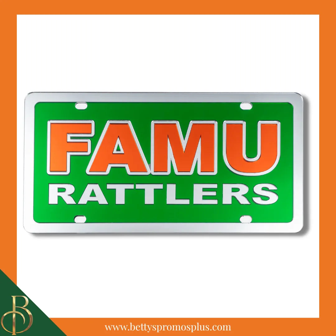 Florida A&M University FAMU Rattlers Laser Engraved Mirrored Acrylic Auto Tag License Plate-FAMU Paraphernalia-FAMU Auto Tag-Betty's Promos Plus