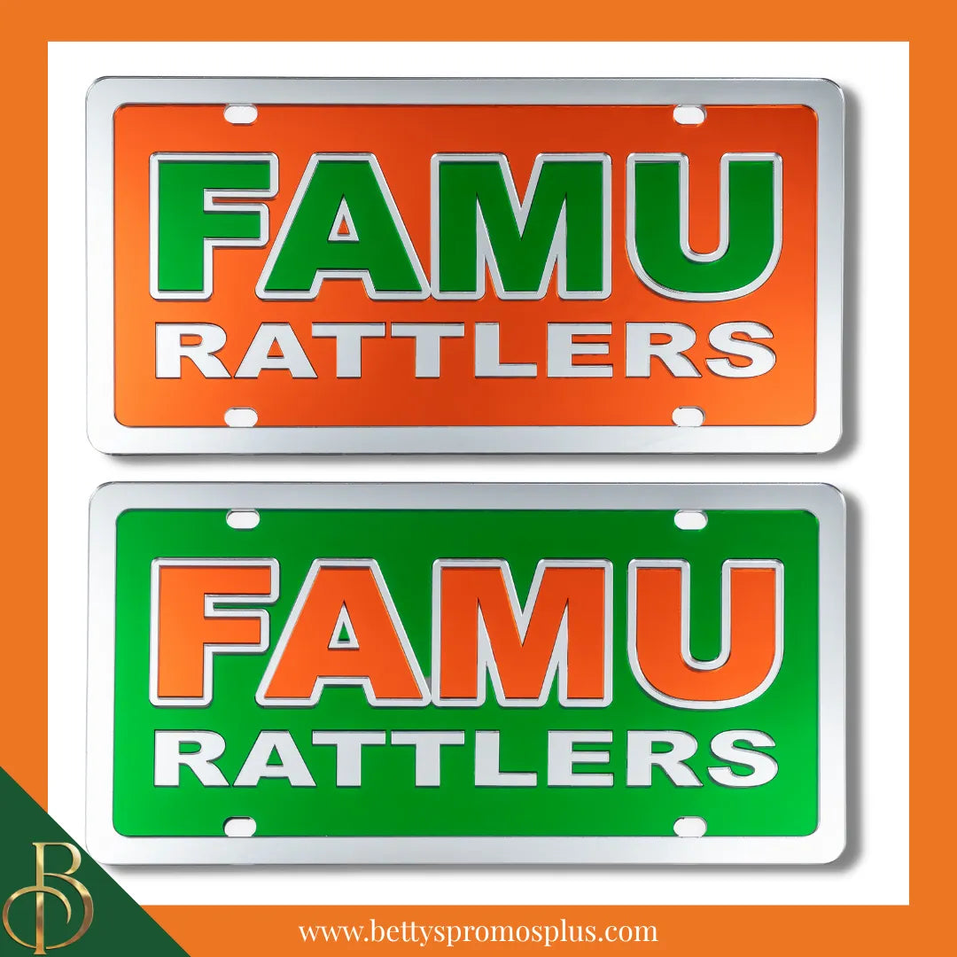 Florida A&M University FAMU Rattlers Laser Engraved Mirrored Acrylic Auto Tag License Plate-FAMU Paraphernalia-FAMU Auto Tag-Betty's Promos Plus