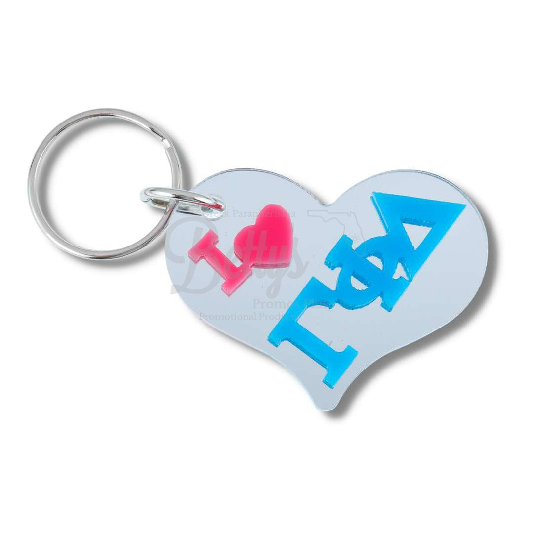 Gamma Phi Delta "I Love ΓΦΔ" Heart-Shaped Acrylic Mirror Keychain-Silver- Paraphernalia- Keychain-Betty's Promos Plus