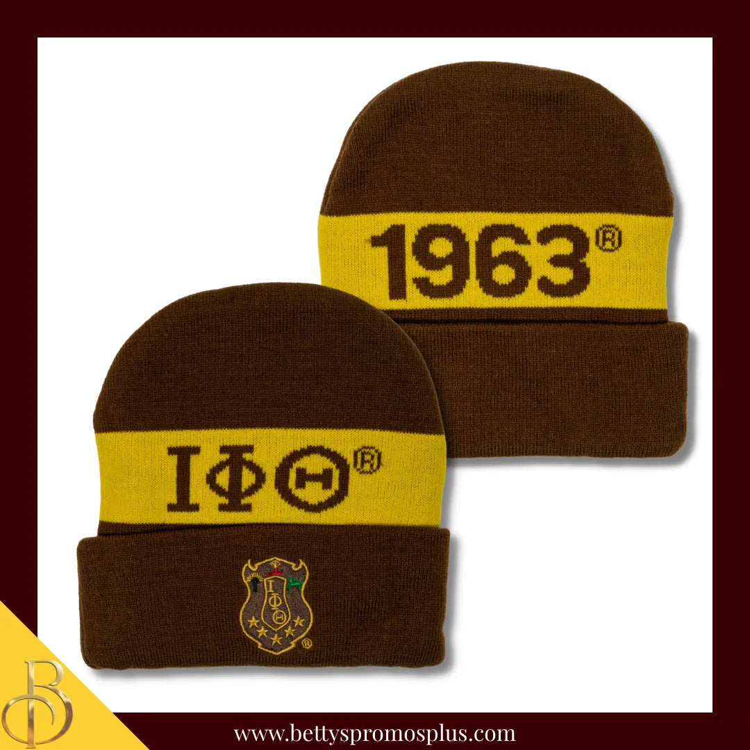 Iota Phi Theta ΙΦΘ 1963 Embroidered Shield Knit Crest Beanie-Brown-Iota Phi Theta Paraphernalia-Iota Phi Theta Hats-Betty's Promos Plus