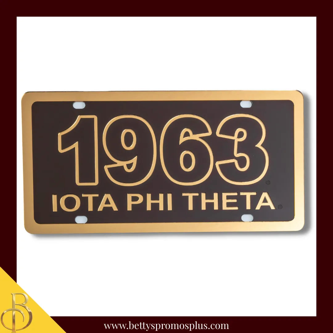 Iota Phi Theta ΙΦΘ 1963 with Iota Phi Theta Laser Engraved Mirrored Acrylic Auto Tag License Plate-Brown Background-Gold Trim-Iota Phi Theta Paraphernalia-Iota Phi Theta Auto Tag-Betty's Promos Plus
