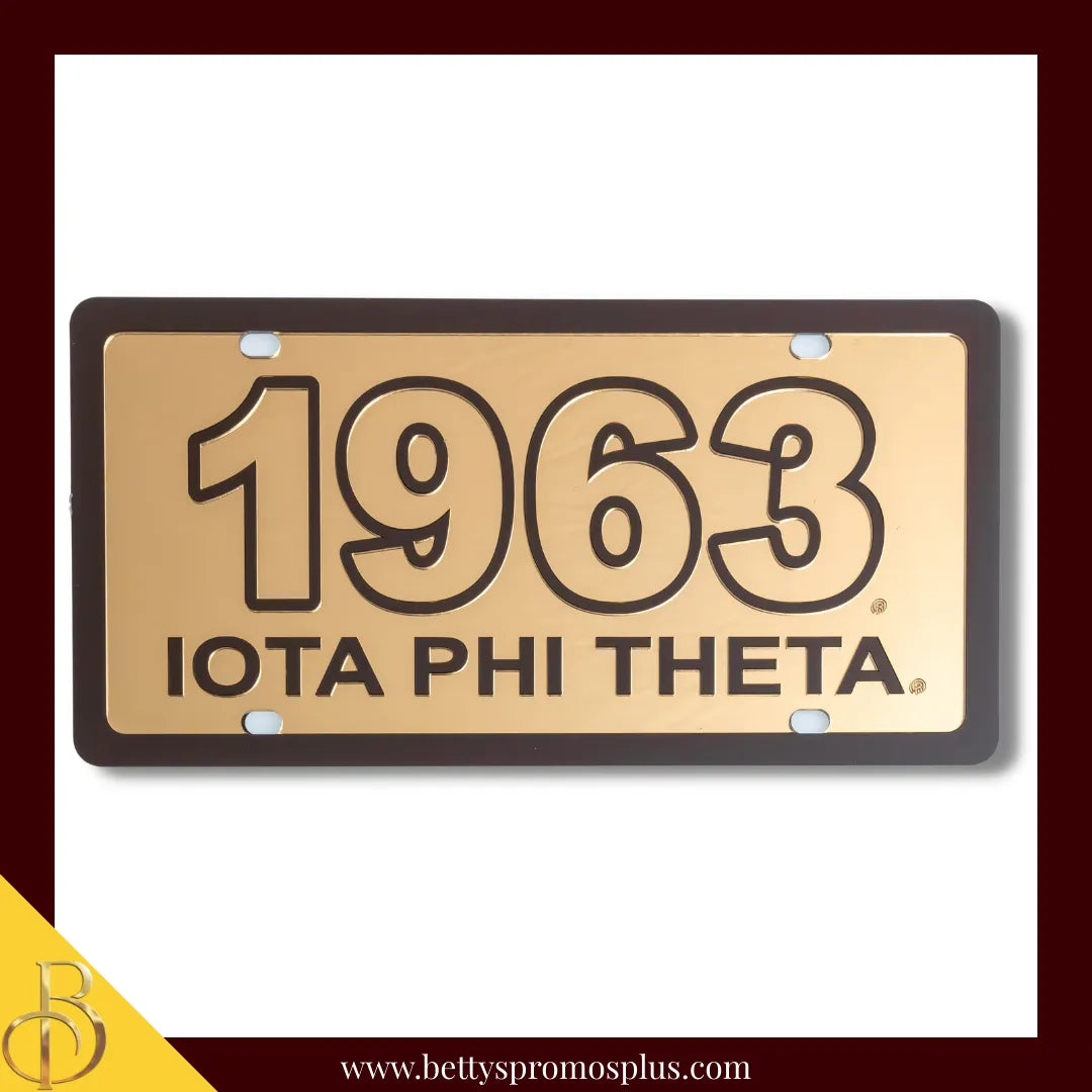 Iota Phi Theta ΙΦΘ 1963 with Iota Phi Theta Laser Engraved Mirrored Acrylic Auto Tag License Plate-Gold Background-Brown Trim-Iota Phi Theta Paraphernalia-Iota Phi Theta Auto Tag-Betty's Promos Plus