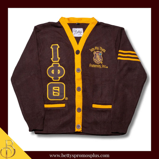 Iota Phi Theta ΙΦΘ Cardigan Sweater with Double Stitched Twill Embroidered Letters & ΙΦΘ Shield-Brown-Gold Trim-Small-Iota Phi Theta Paraphernalia-Iota Phi Theta Sweaters-Betty's Promos Plus