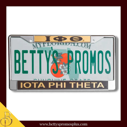 Iota Phi Theta ΙΦΘ Chrome Laser Engraved Mirrored Acrylic License Plate Frame-Gold Top-Brown Bottom-Iota Phi Theta Paraphernalia-Iota Phi Theta Auto Tag Frame-Betty's Promos Plus