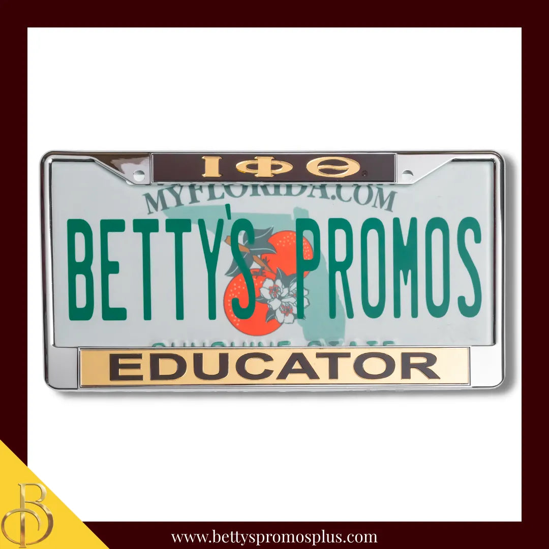 Iota Phi Theta ΙΦΘ Educator Chrome Laser Engraved Mirrored Acrylic Auto Tag License Plate Frame-Brown Top-Gold Bottom-Iota Phi Theta Paraphernalia-Iota Phi Theta Auto Tag Frame-Betty's Promos Plus