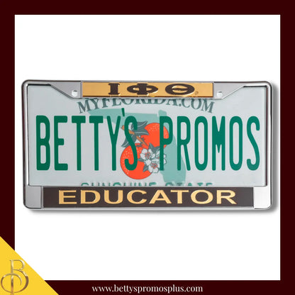 Iota Phi Theta ΙΦΘ Educator Chrome Laser Engraved Mirrored Acrylic Auto Tag License Plate Frame-Gold Top-Brown Bottom-Iota Phi Theta Paraphernalia-Iota Phi Theta Auto Tag Frame-Betty's Promos Plus