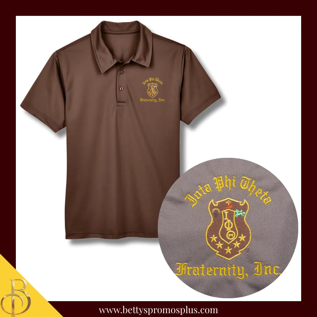 Iota Phi Theta ΙΦΘ Embroidered Shield Polo Shirt-Dry Fit-Brown-Small-Iota Phi Theta Paraphernalia-Iota Phi Theta Polo Shirt-Betty's Promos Plus