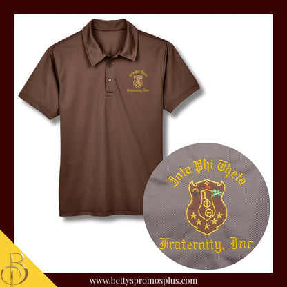 Iota Phi Theta ΙΦΘ Embroidered Shield Polo Shirt-Dry Fit-Brown-Small-Iota Phi Theta Paraphernalia-Iota Phi Theta Polo Shirt-Betty's Promos Plus