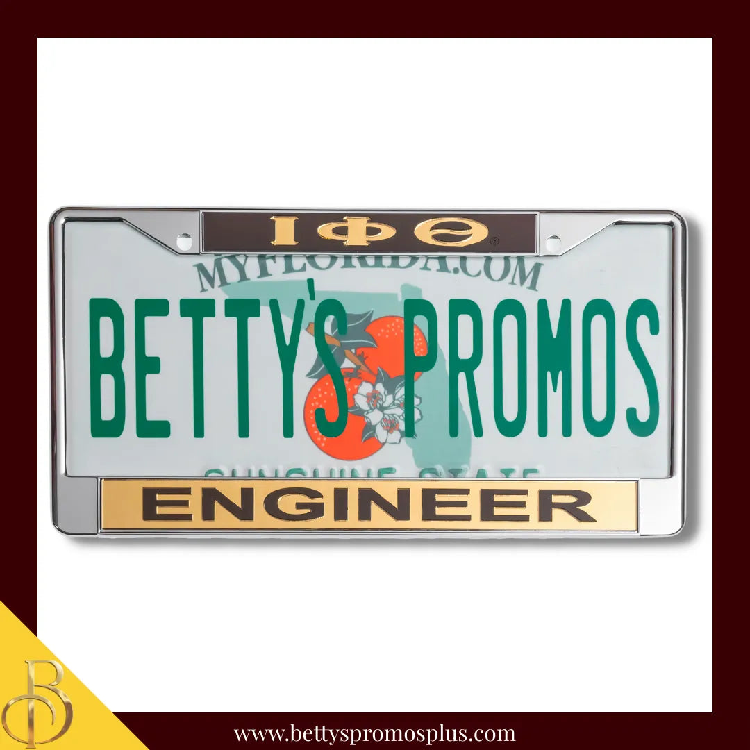 Iota Phi Theta ΙΦΘ Engineer Chrome Laser Engraved Mirrored Acrylic Auto Tag License Plate Frame-Brown Top-Gold Bottom-Iota Phi Theta Paraphernalia-Iota Phi Theta Auto Tag Frame-Betty's Promos Plus