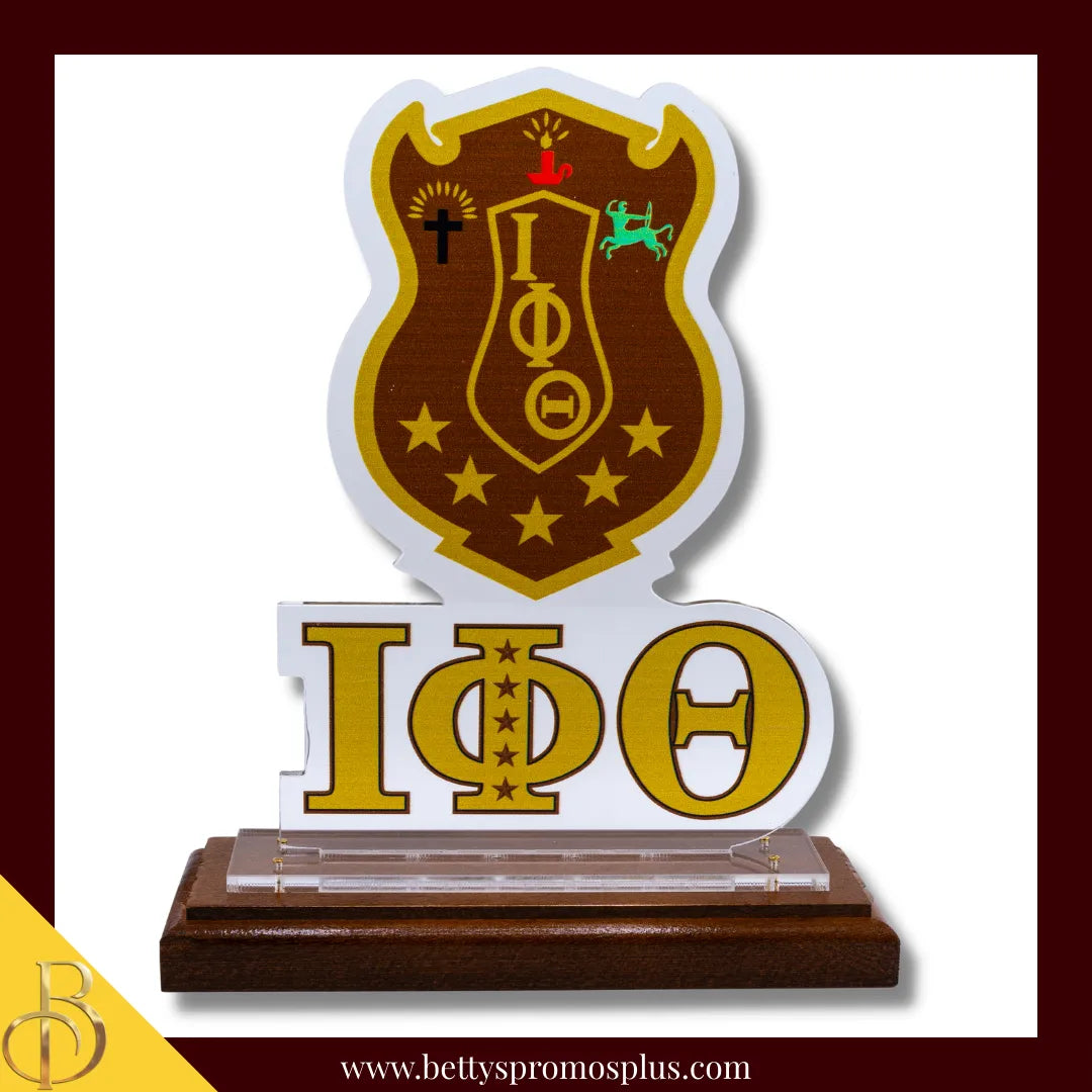 Iota Phi Theta ΙΦΘ Shield Desk Ornament Plaque-Brown Base-Iota Phi Theta Paraphernalia-Iota Phi Theta Desk Ornament-Betty's Promos Plus