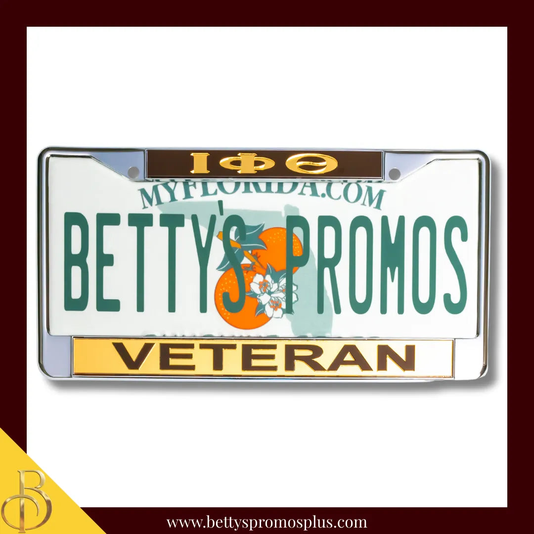 Iota Phi Theta ΙΦΘ Veteran Chrome Laser Engraved Mirrored Acrylic Auto Tag License Plate Frame-Gold Bottom-Iota Phi Theta Paraphernalia-Iota Phi Theta Auto Tag Frame-Betty's Promos Plus