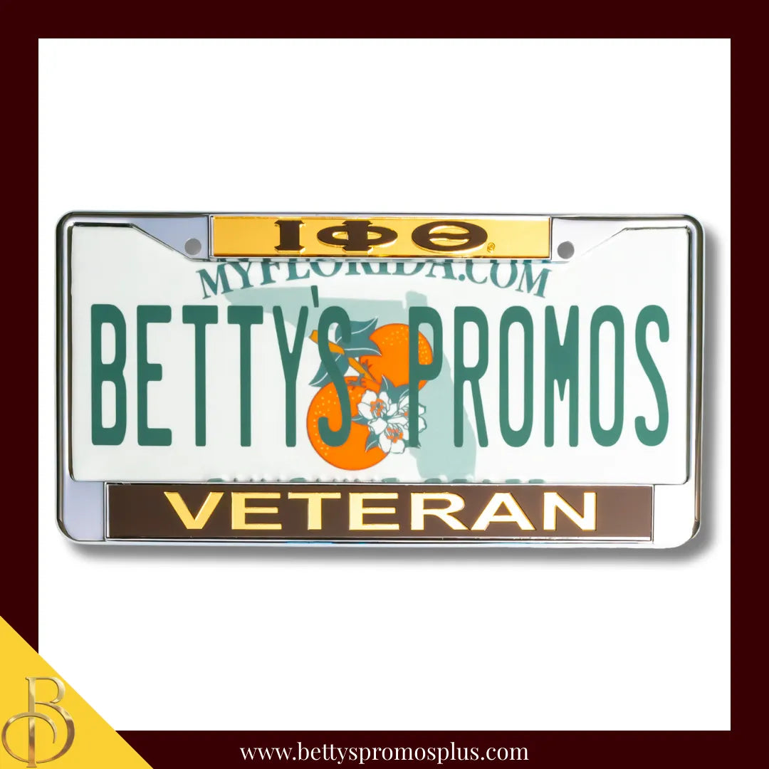 Iota Phi Theta ΙΦΘ Veteran Chrome Laser Engraved Mirrored Acrylic Auto Tag License Plate Frame-Gold Top-Brown Bottom-Iota Phi Theta Paraphernalia-Iota Phi Theta Auto Tag Frame-Betty's Promos Plus