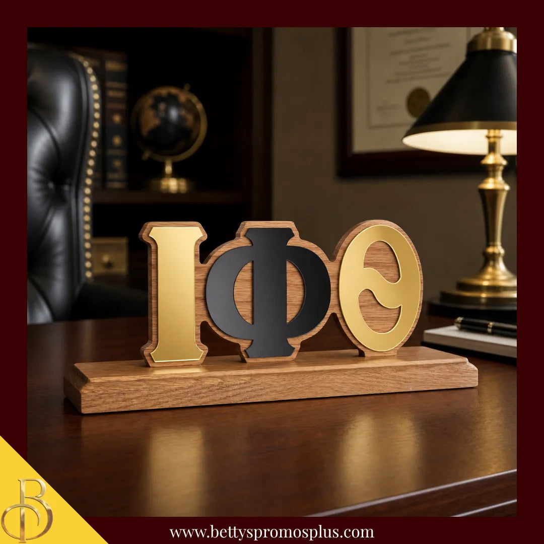 Iota Phi Theta ΙΦΘ Wooden Desk Ornament with Mirrored Letters-Iota Phi Theta Paraphernalia-Iota Phi Theta Desk Ornament-Betty's Promos Plus
