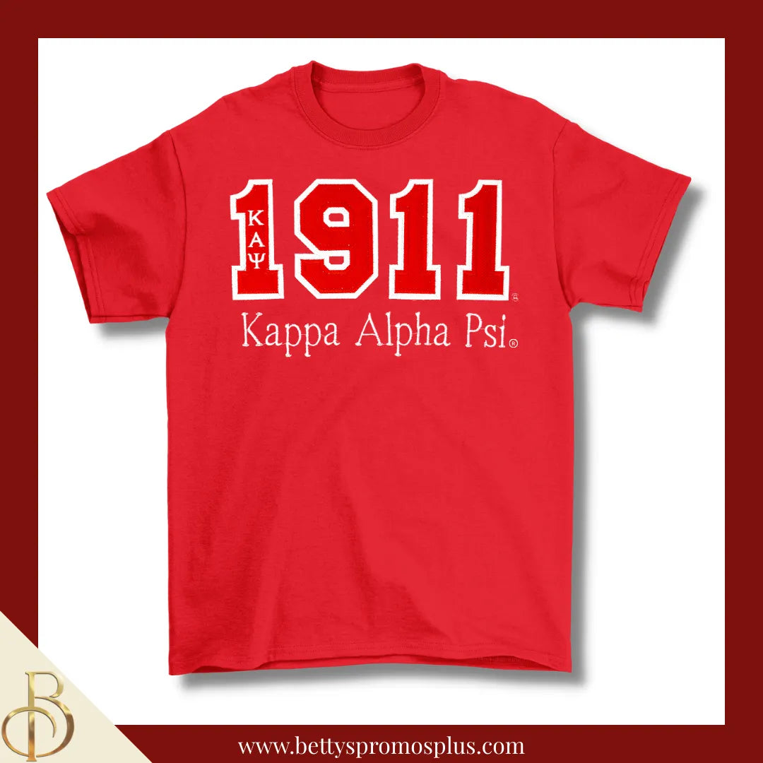 Kappa Alpha Psi ΚΑΨ 1911 Script Double Stitched Appliqué Embroidered Line T-Shirt-Red-Small-Kappa Alpha Psi Paraphernalia-Kappa Alpha Psi T-Shirts-Betty's Promos Plus