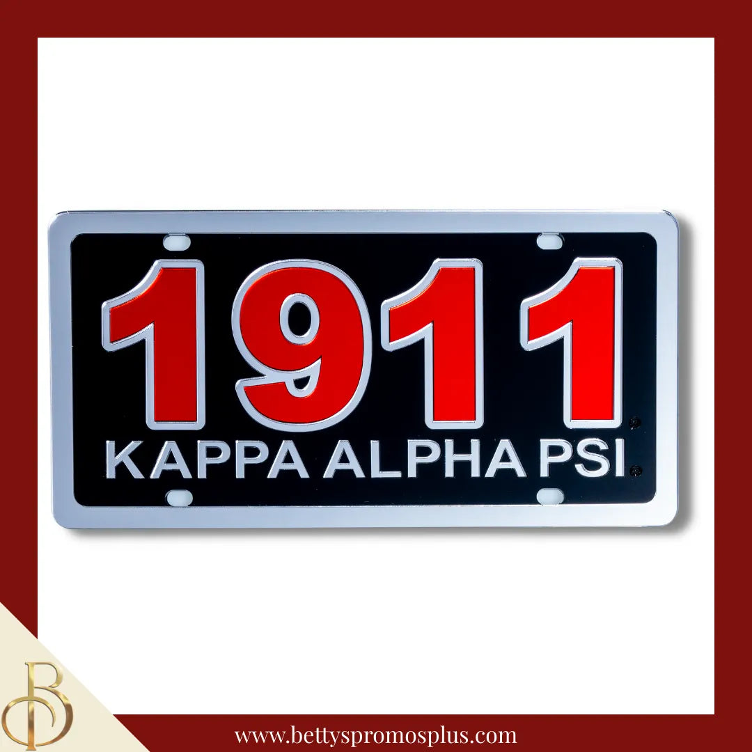 Kappa Alpha Psi ΚΑΨ 1911 with Kappa Alpha Psi Laser Engraved Mirrored Acrylic Auto Tag License Plate-Black Background-Silver Trim-Kappa Alpha Psi Paraphernalia-Kappa Alpha Psi Auto Tag-Betty's Promos Plus