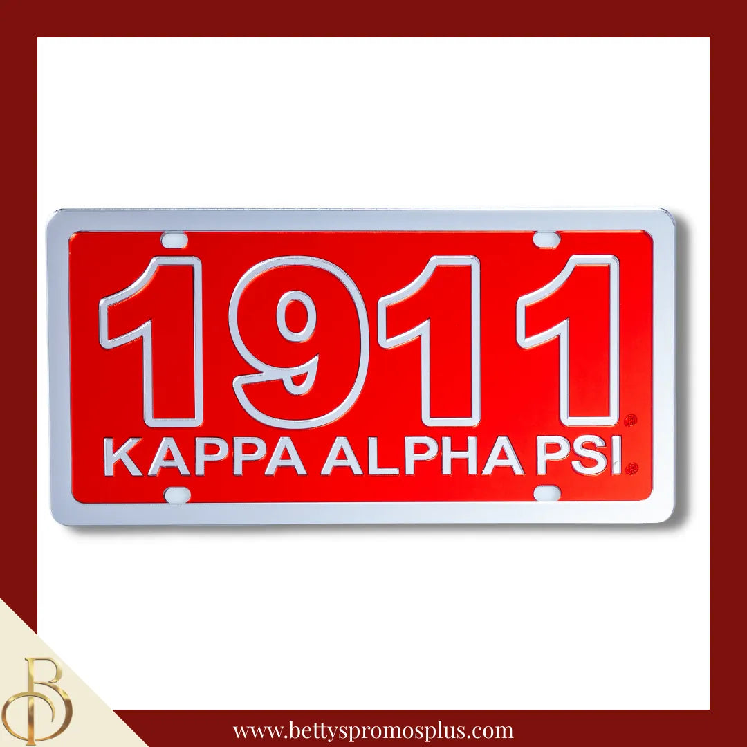Kappa Alpha Psi ΚΑΨ 1911 with Kappa Alpha Psi Laser Engraved Mirrored Acrylic Auto Tag License Plate-Red Background-Silver Trim-Kappa Alpha Psi Paraphernalia-Kappa Alpha Psi Auto Tag-Betty's Promos Plus