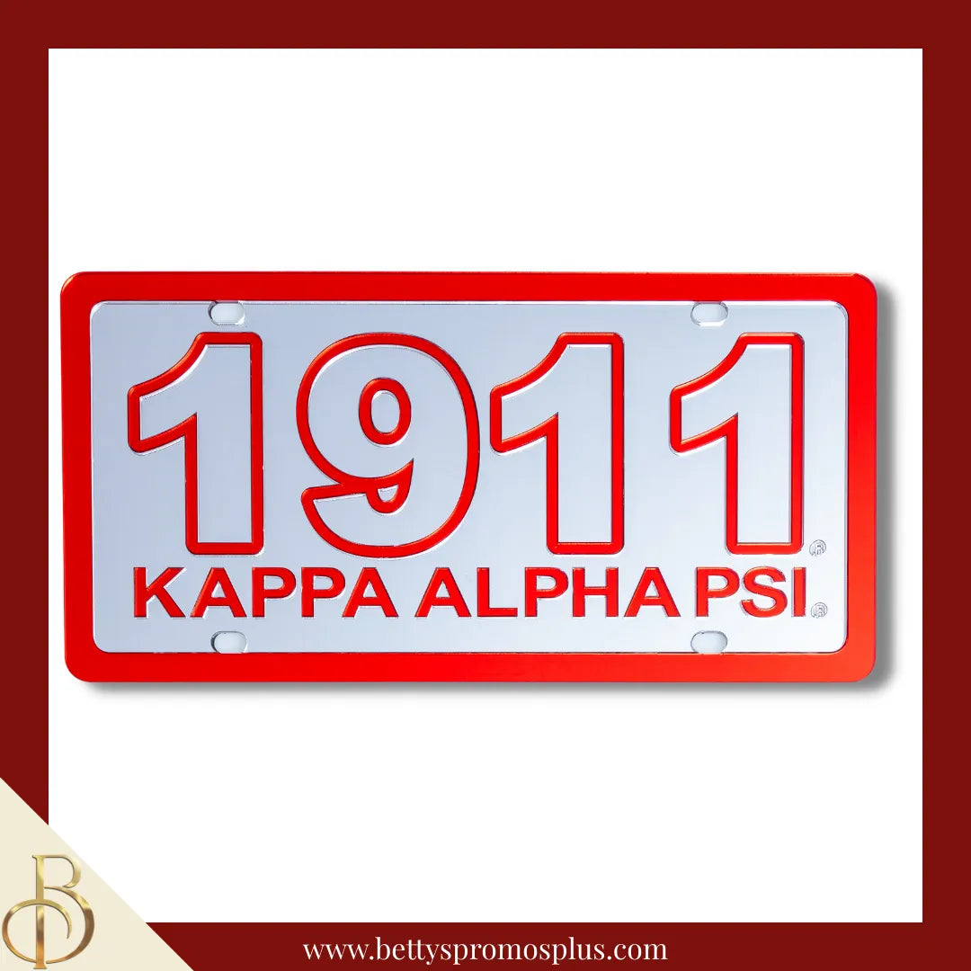 Kappa Alpha Psi ΚΑΨ 1911 with Kappa Alpha Psi Laser Engraved Mirrored Acrylic Auto Tag License Plate-Silver Background-Red Trim-Kappa Alpha Psi Paraphernalia-Kappa Alpha Psi Auto Tag-Betty's Promos Plus