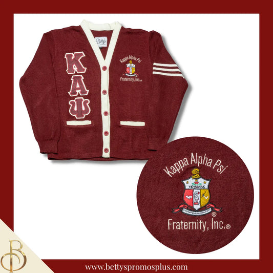 Kappa Alpha Psi ΚΑΨ Cardigan Sweater with Double Stitched Twill Embroidered Letters & ΚΑΨ Shield-Crimson-Cream Trim-Small-Kappa Alpha Psi Paraphernalia-Kappa Alpha Psi Sweaters-Betty's Promos Plus