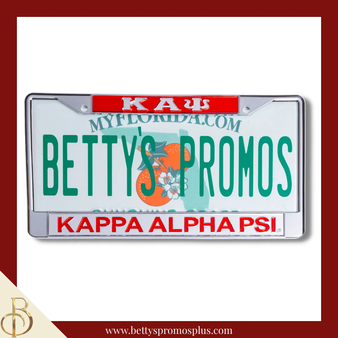 Kappa Alpha Psi ΚΑΨ Chrome Laser Engraved Mirrored Acrylic License Plate Frame-Red Top-Silver Bottom-Kappa Alpha Psi Paraphernalia-Kappa Alpha Psi Auto Tag Frame-Betty's Promos Plus