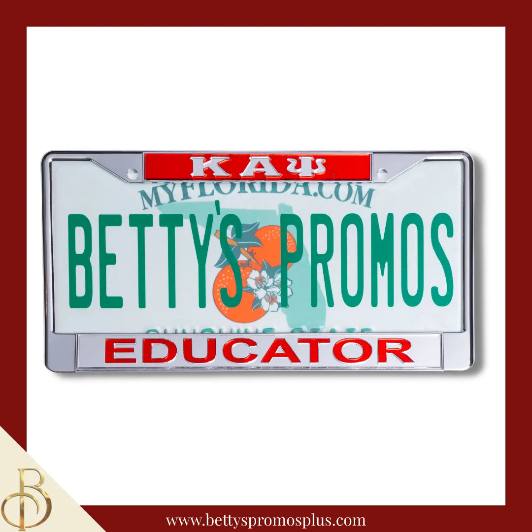 Kappa Alpha Psi ΚΑΨ Educator Chrome Laser Engraved Mirrored Acrylic Auto Tag License Plate Frame-Red Top-Silver Bottom-Kappa Alpha Psi Paraphernalia-Kappa Alpha Psi Auto Tag Frame-Betty's Promos Plus
