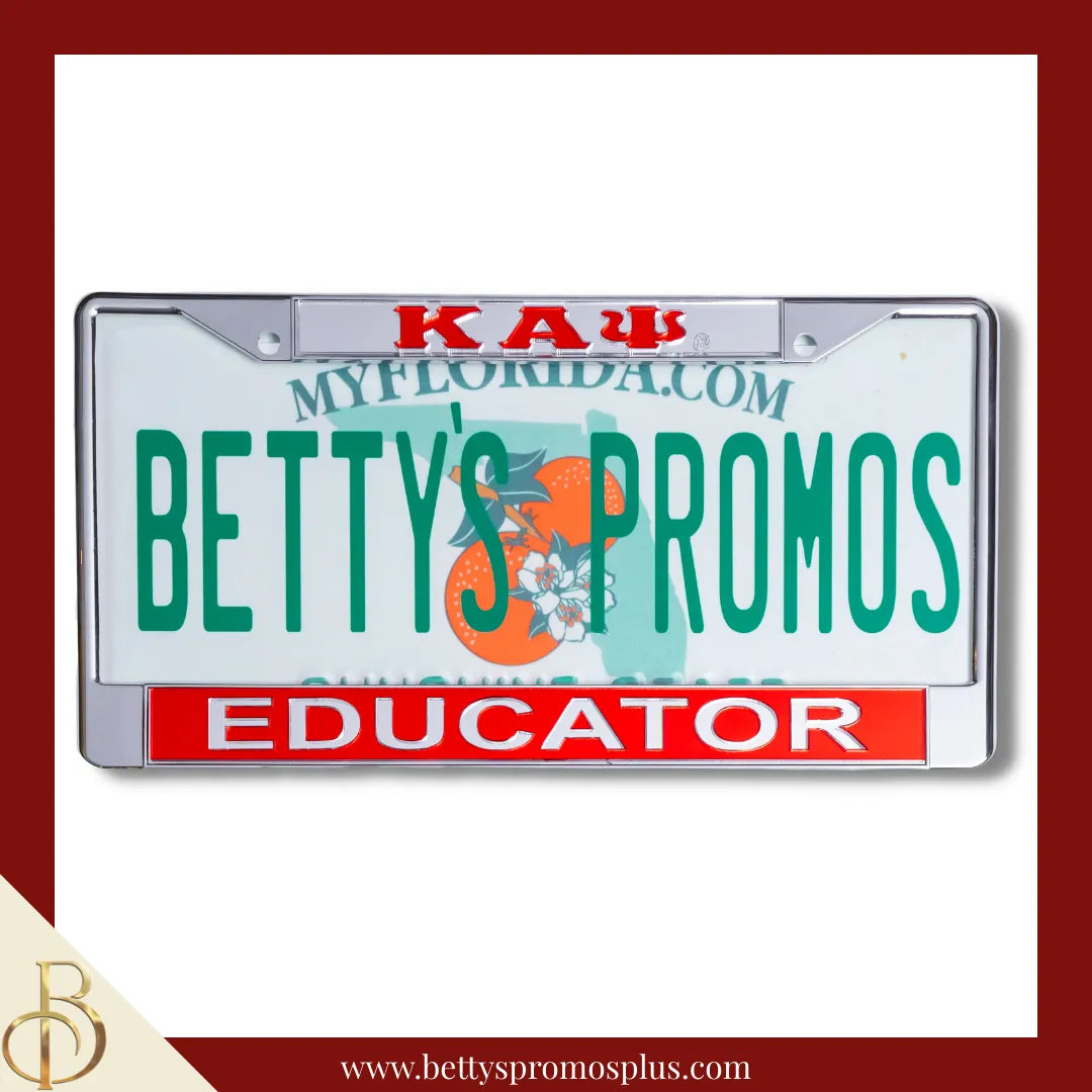 Kappa Alpha Psi ΚΑΨ Educator Chrome Laser Engraved Mirrored Acrylic Auto Tag License Plate Frame-Silver Top-Red Bottom-Kappa Alpha Psi Paraphernalia-Kappa Alpha Psi Auto Tag Frame-Betty's Promos Plus
