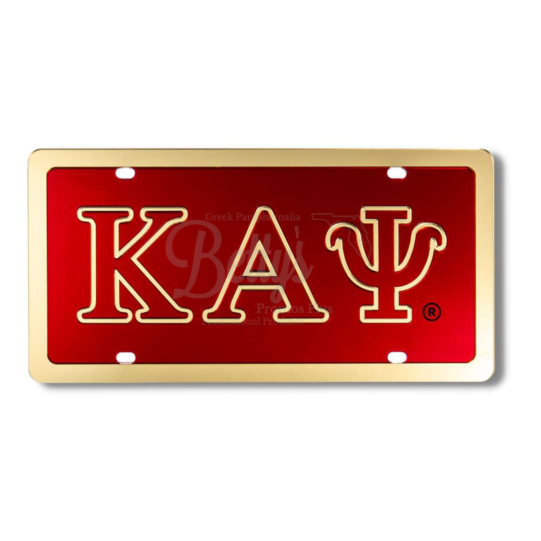 Kappa Alpha Psi ΚΑΨ Laser Engraved Mirrored Acrylic Auto Tag License Plate-Red Background-Gold Letter Trim-Gold Trim-Kappa Alpha Psi Paraphernalia-Kappa Alpha Psi Auto Tag-Betty's Promos Plus