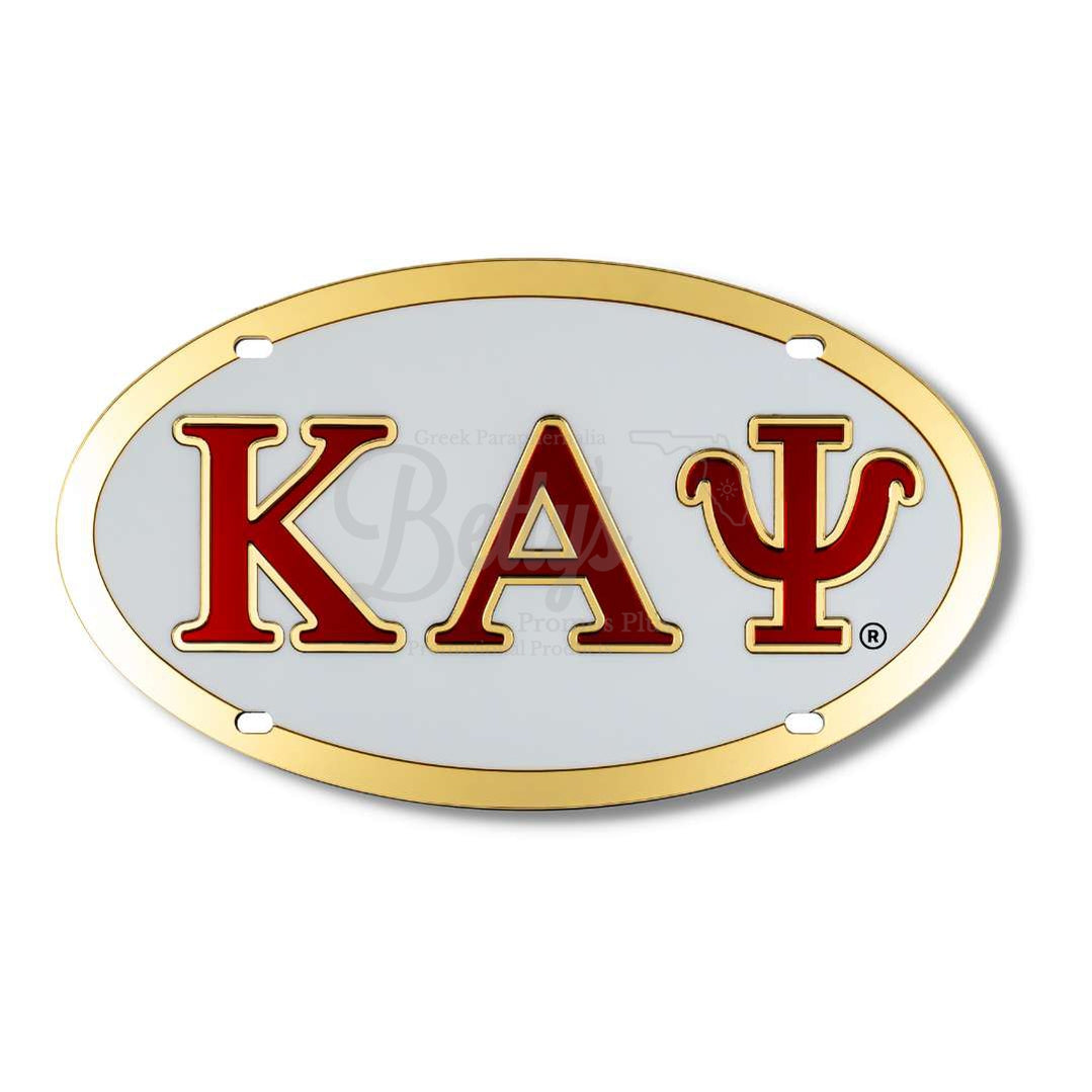 Kappa Alpha Psi KAΨ Laser Engraved Mirrored Acrylic Oval Auto Tag License Plate-White Background-Gold Letter Trim-Gold Trim- Paraphernalia- Auto Tag-Betty's Promos Plus