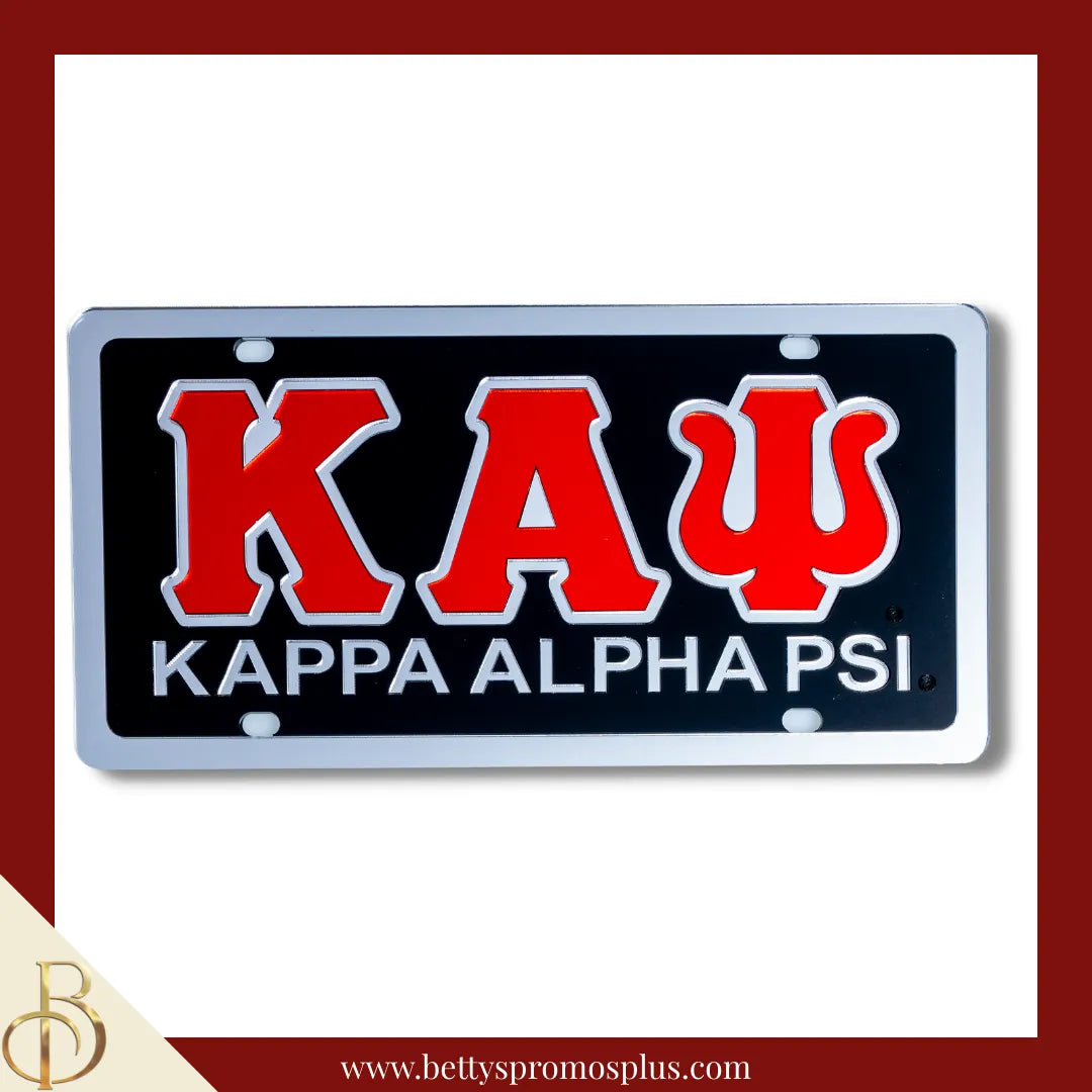 Kappa Alpha Psi ΚΑΨ with Kappa Alpha Psi Laser Engraved Mirrored Acrylic Auto Tag License Plate-Black Background-Silver Trim-Kappa Alpha Psi Paraphernalia-Kappa Alpha Psi Auto Tag-Betty's Promos Plus