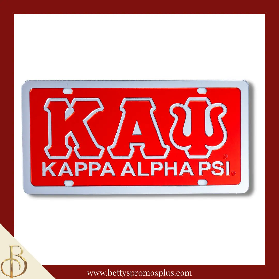 Kappa Alpha Psi ΚΑΨ with Kappa Alpha Psi Laser Engraved Mirrored Acrylic Auto Tag License Plate-Red Background-Silver Trim-Kappa Alpha Psi Paraphernalia-Kappa Alpha Psi Auto Tag-Betty's Promos Plus