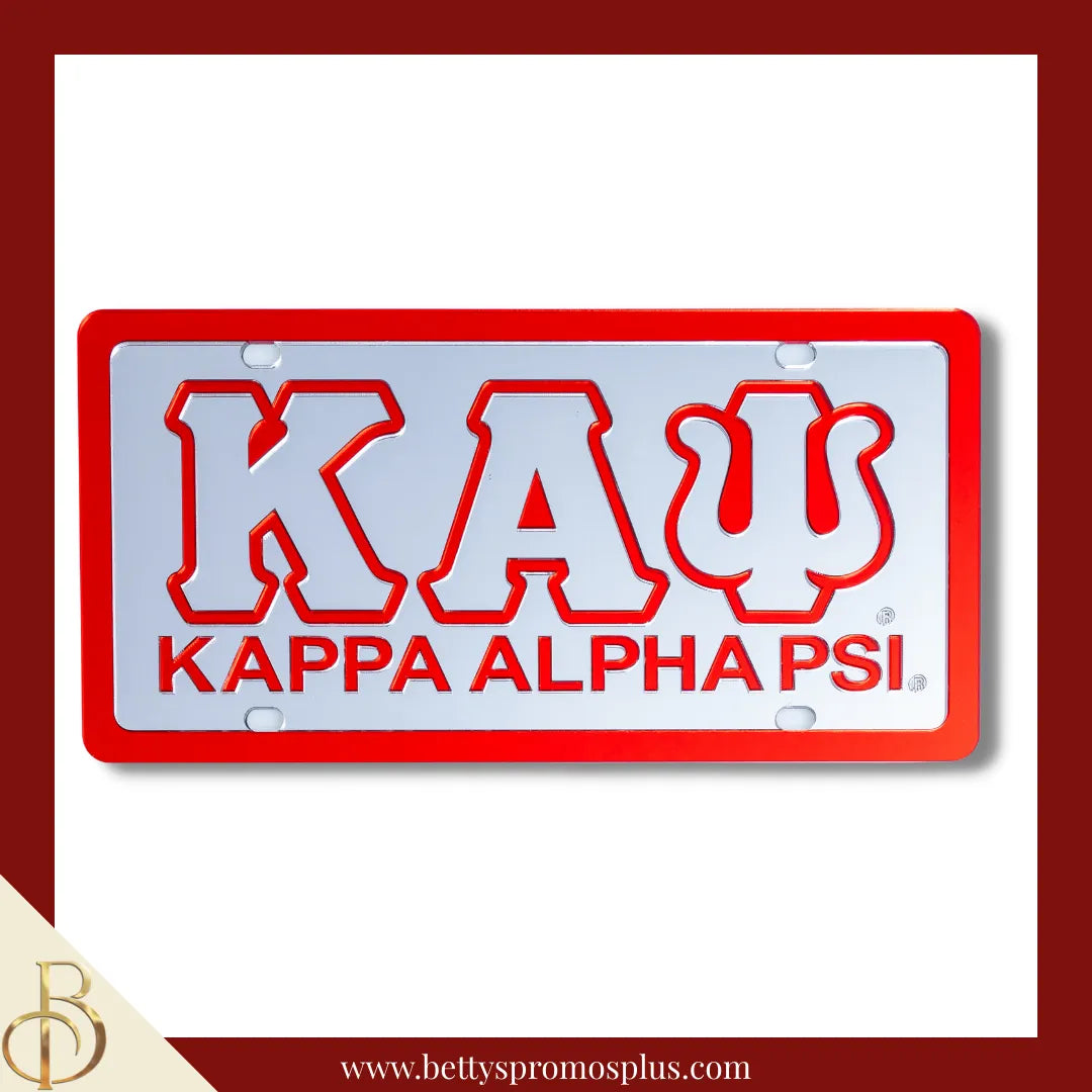 Kappa Alpha Psi ΚΑΨ with Kappa Alpha Psi Laser Engraved Mirrored Acrylic Auto Tag License Plate-Silver Background-Kappa Alpha Psi Paraphernalia-Kappa Alpha Psi Auto Tag-Betty's Promos Plus
