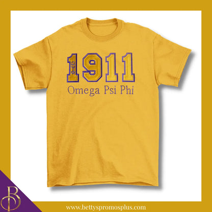 Omega Psi Phi 1911 ΩΨΦ Script Double Stitched Appliqué Embroidered Line T-Shirt-Gold-Small-Omega Psi Phi Paraphernalia-Omega Psi Phi T-Shirts-Betty's Promos Plus