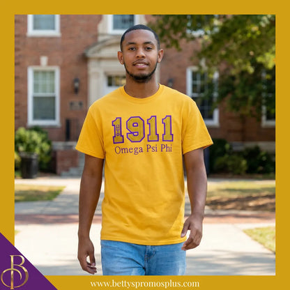 Omega Psi Phi 1911 ΩΨΦ Script Double Stitched Appliqué Embroidered Line T-Shirt-Omega Psi Phi Paraphernalia-Omega Psi Phi T-Shirts-Betty's Promos Plus
