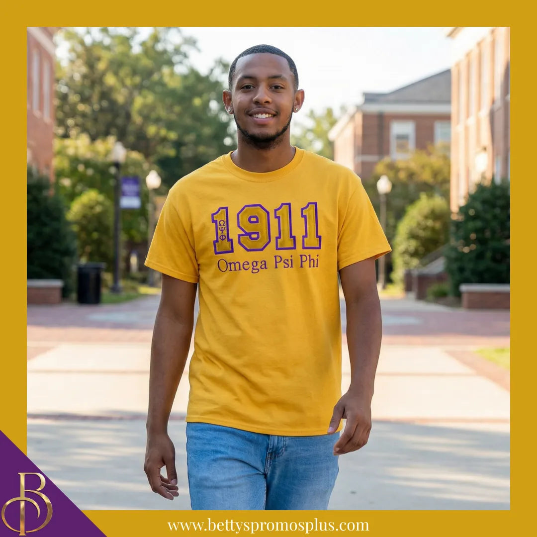 Omega Psi Phi 1911 ΩΨΦ Script Double Stitched Appliqué Embroidered Line T-Shirt-Omega Psi Phi Paraphernalia-Omega Psi Phi T-Shirts-Betty's Promos Plus