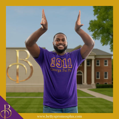 Omega Psi Phi 1911 ΩΨΦ Script Double Stitched Appliqué Embroidered Line T-Shirt-Omega Psi Phi Paraphernalia-Omega Psi Phi T-Shirts-Betty's Promos Plus